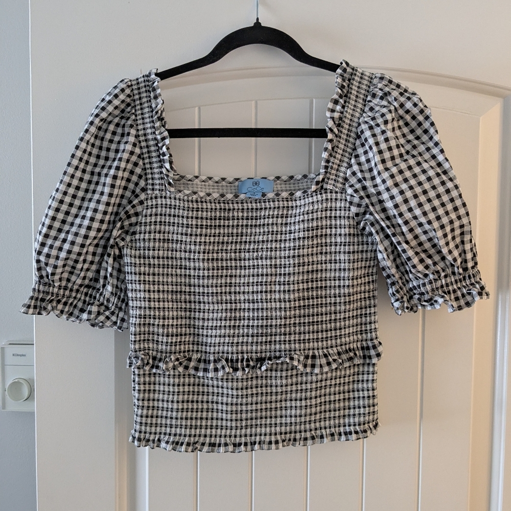 Cece Black and White Gingham Puff Sleeve Crop Top